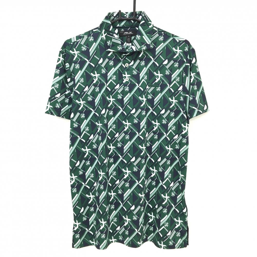 【超美品】RLXラルフローレン 半袖ポロシャツ グリーン×ネイビー 総柄 胸元ロゴ メンズ M ゴルフウェア Ralph Lauren