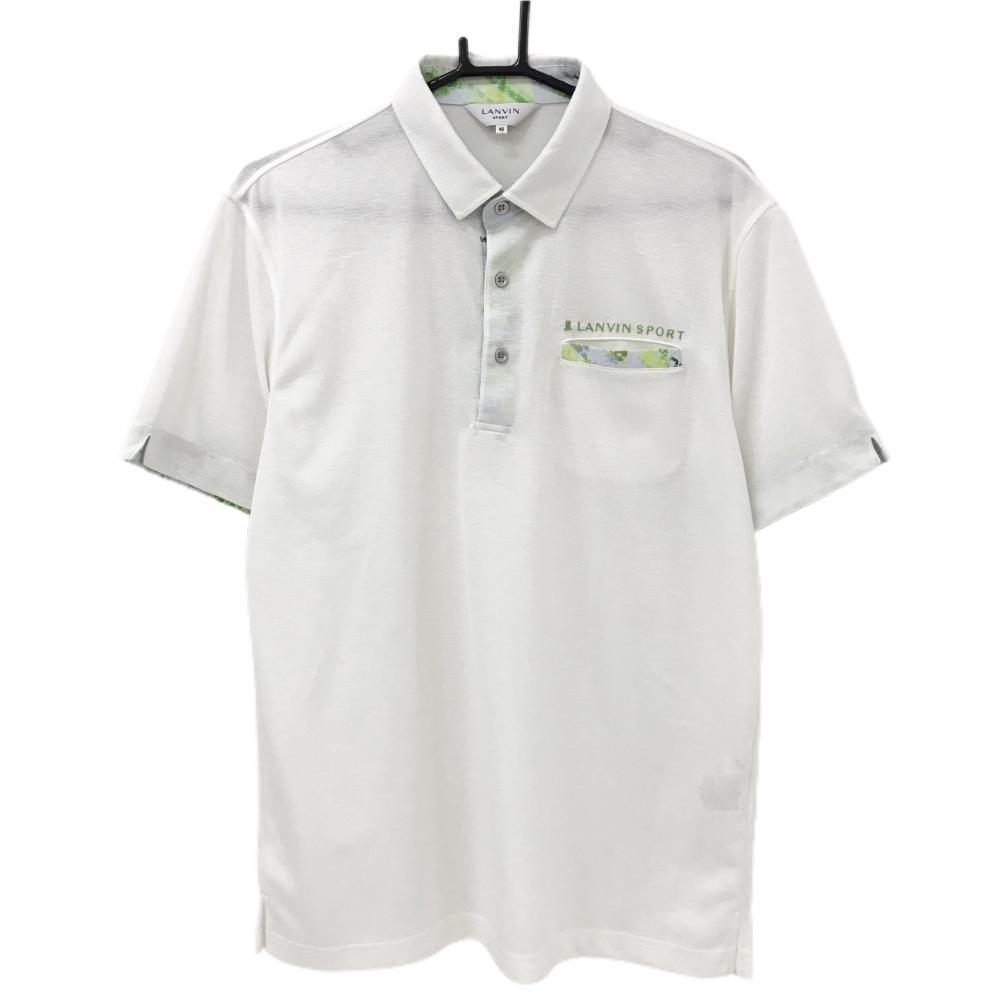 【美品】ランバンスポール 半袖ポロシャツ 白×ライトグリーン 胸ポケット口・襟裏柄胸ポケット付 メンズ 40(L) ゴルフウェア LANVIN SPORT