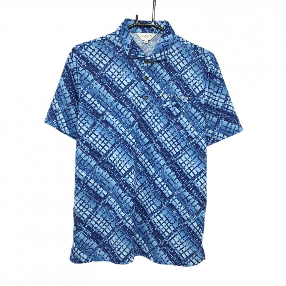 【超美品】ランバンスポール 半袖ポロシャツ ブルー×ネイビー チェック風 胸ポケット付 メンズ 40(L) ゴルフウェア LANVIN SPORT
