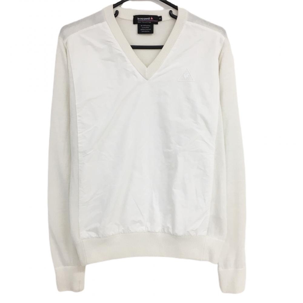 ルコック セーター 白 胸元ロゴ Vネック 異素材切替 ウール混 ニット  メンズ M ゴルフウェア le coq sportif