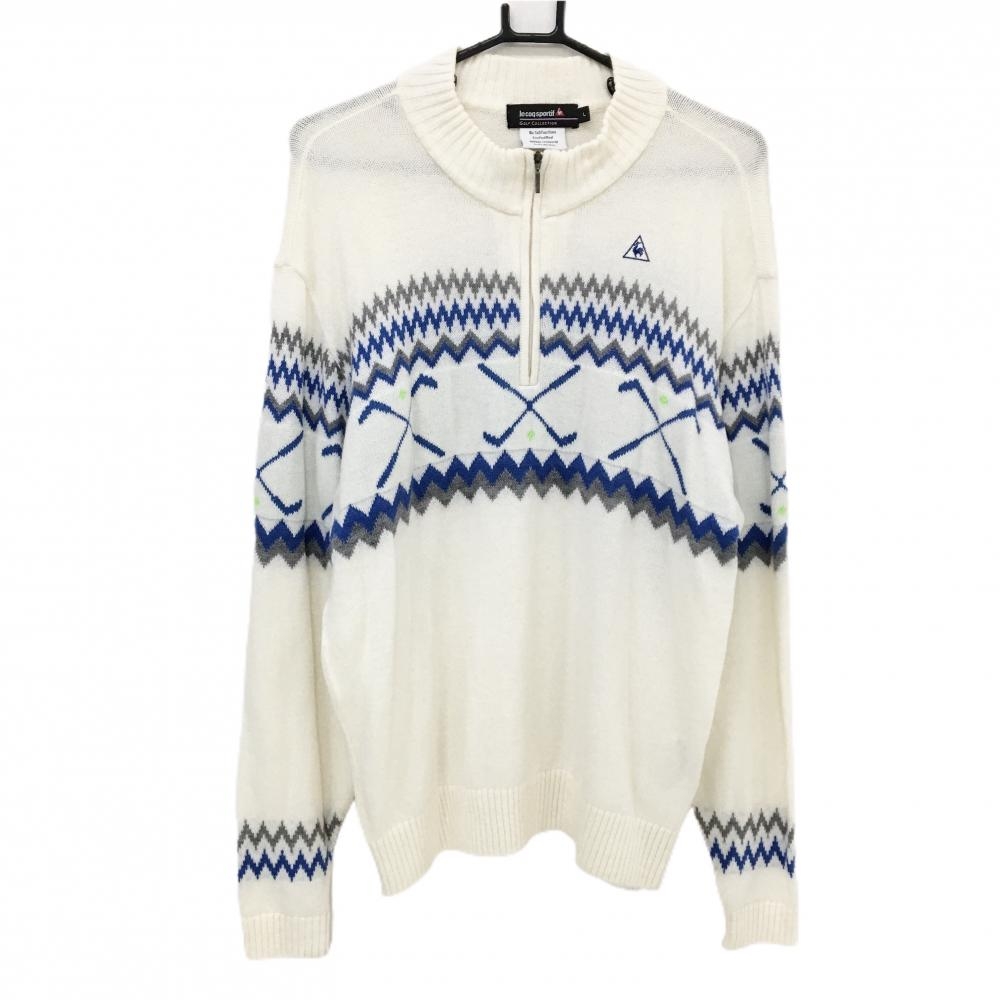 【美品】ルコックゴルフ ハイネックセーター 白×ブルー 一部柄 ハーフジップ ウール混 ニット メンズ L ゴルフウェア le coq sportif