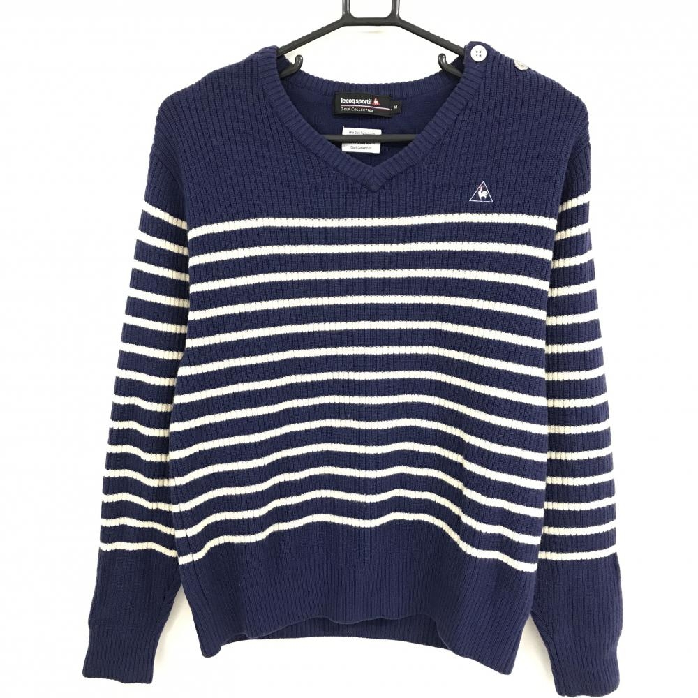 ルコックゴルフ セーター ネイビー×アイボリー ボーダー Vネック 肩ボタン ウール100％ ニット  メンズ M ゴルフウェア le coq sportif