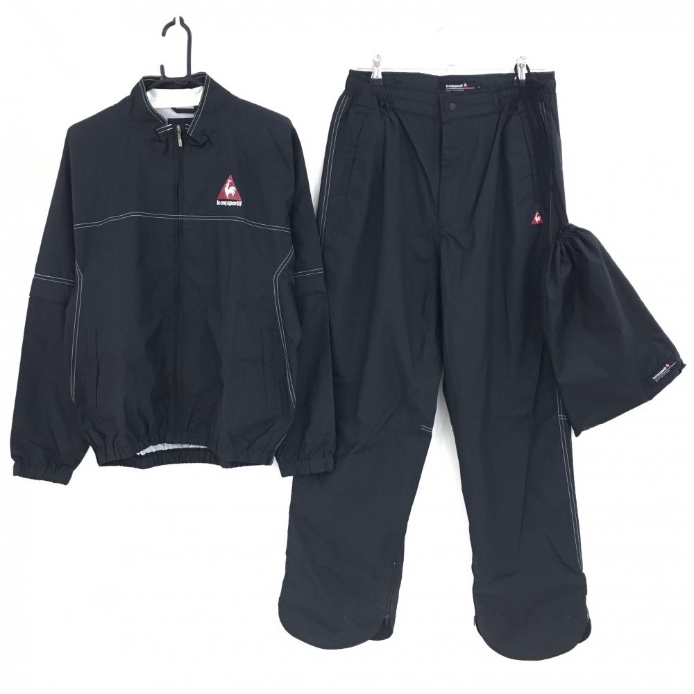 ルコックゴルフ レインウェア(2WAYジャケット×パンツ) 黒×白 収納袋付 袖着脱可  メンズ L ゴルフウェア le coq sportif