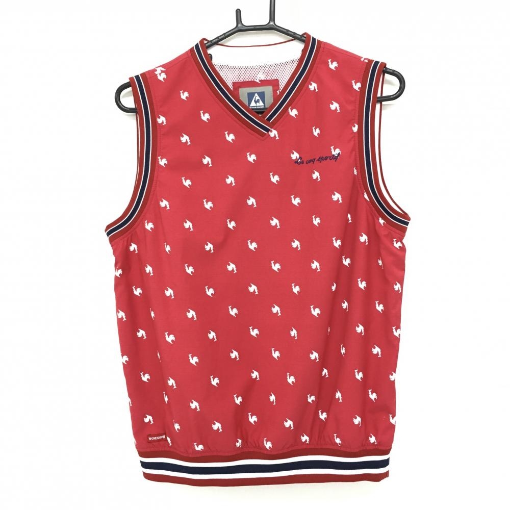 【超美品】ルコック ベスト レッド×白 ロゴ総柄 Vネック ロゴ刺しゅう 裏地メッシュ メンズ M ゴルフウェア le coq sportif