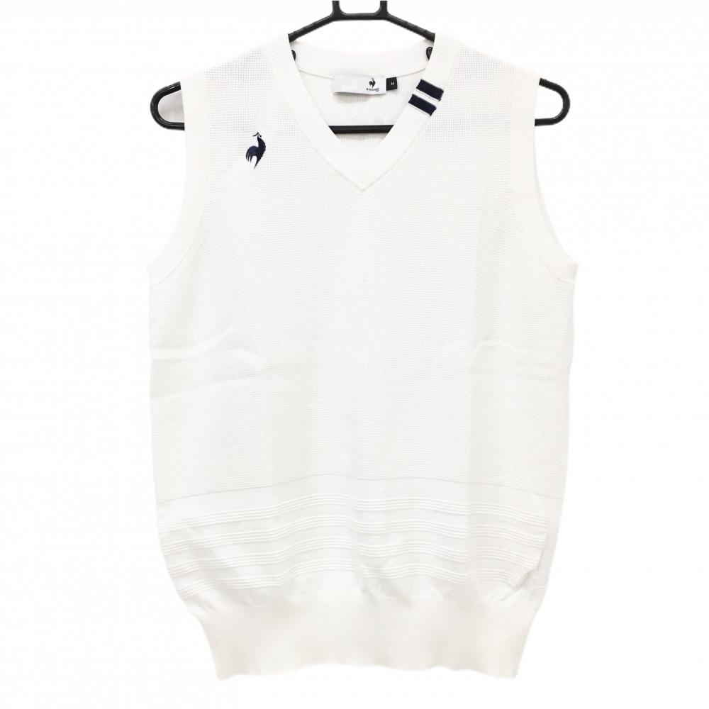 【美品】ルコックゴルフ ニットベスト 白×ネイビー ロゴネイビー Vネック メンズ M ゴルフウェア le coq sportif