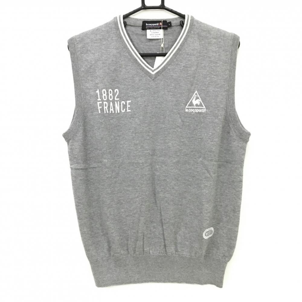 【新品】ルコックゴルフ ニットベスト グレー コットン100% ロゴ刺しゅう メンズ L ゴルフウェア le coq sportif