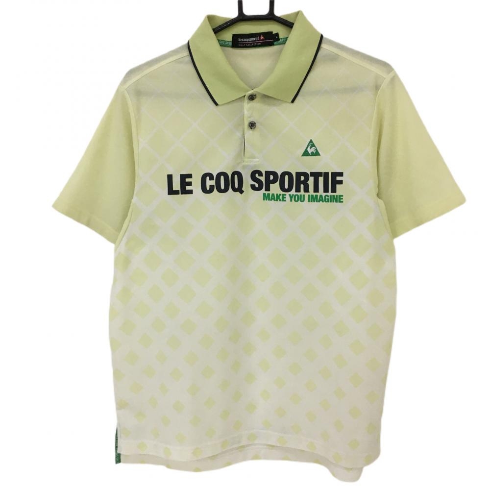 ルコック 半袖ポロシャツ ライトグリーン×黒 チェック柄 ロゴプリント メンズ L ゴルフウェア le coq sportif 画像
