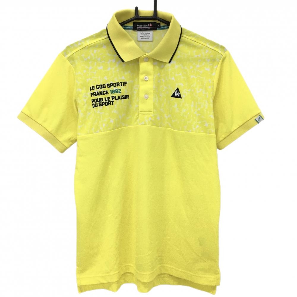 【美品】ルコック 半袖ポロシャツ イエロー×黒 一部柄 襟渕ライン メンズ M ゴルフウェア le coq sportif