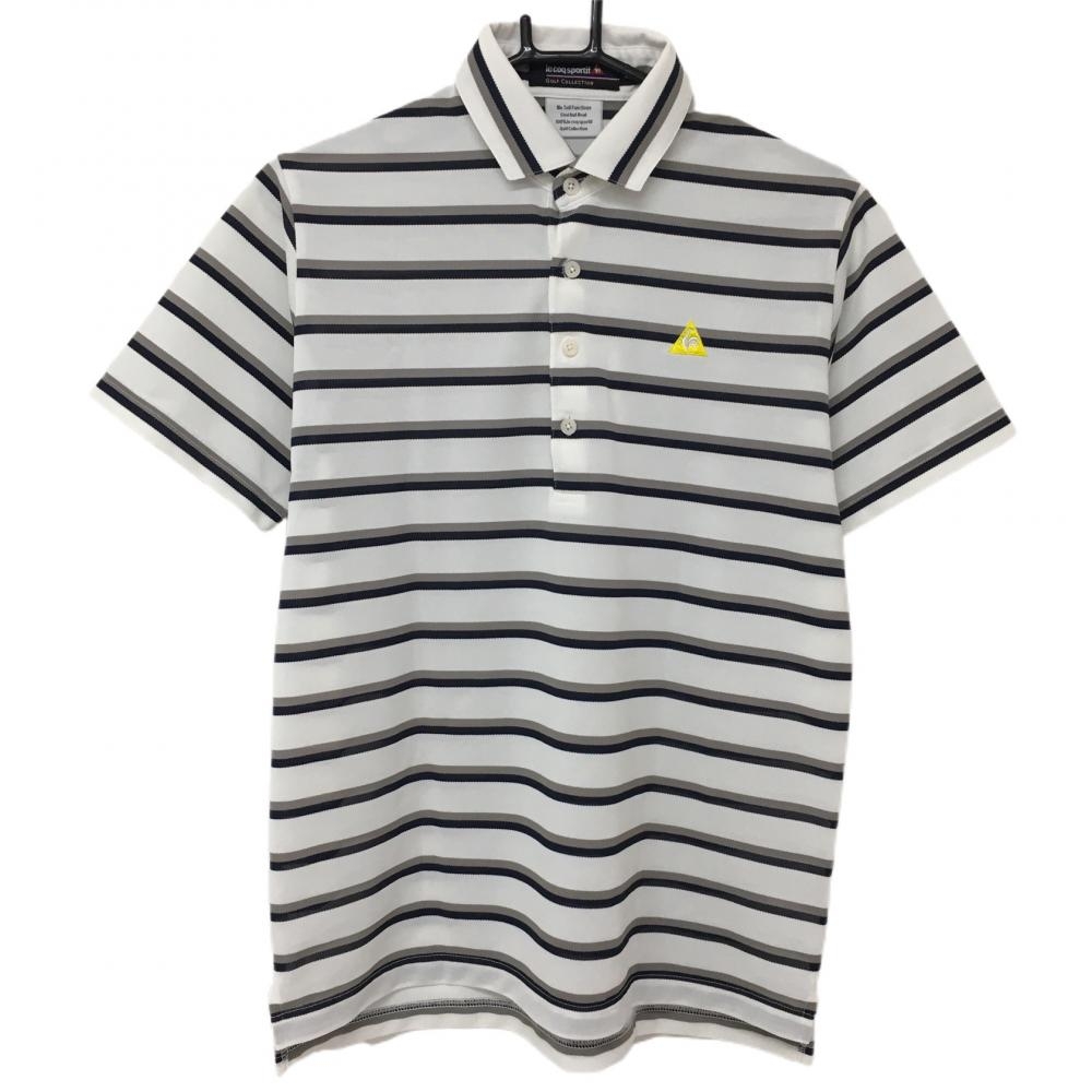 【美品】ルコック 半袖ポロシャツ　白×グレー ボーダー 総柄 ロゴ刺しゅう  メンズ L ゴルフウェア le coq sportif