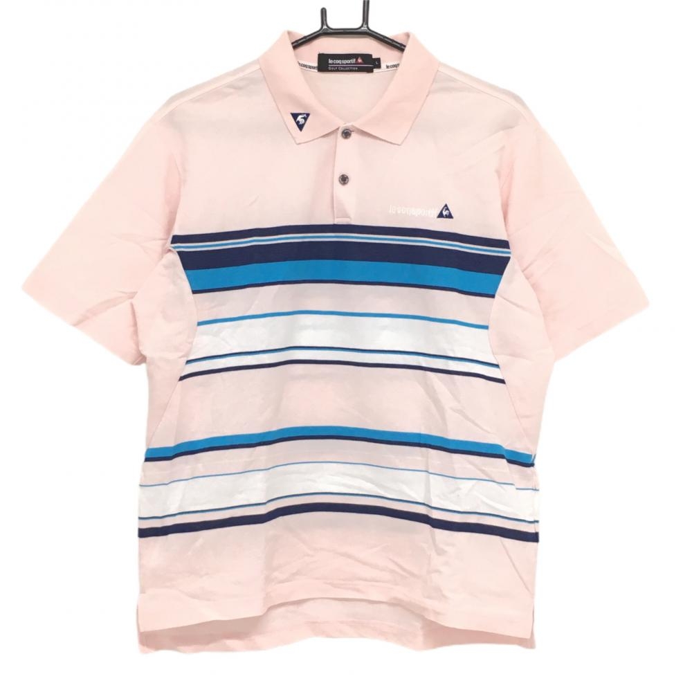 ルコック 半袖ポロシャツ ライトピンク×ネイビー 一部ボーダー ロゴ刺しゅう  メンズ L ゴルフウェア le coq sportif