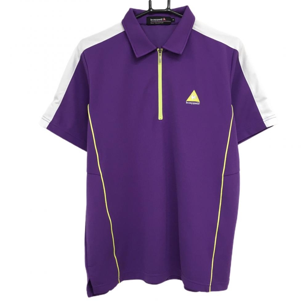 【美品】ルコック 半袖ポロシャツ パープル×イエロー 袖白ライン ハーフジップ メンズ M ゴルフウェア le coq sportif