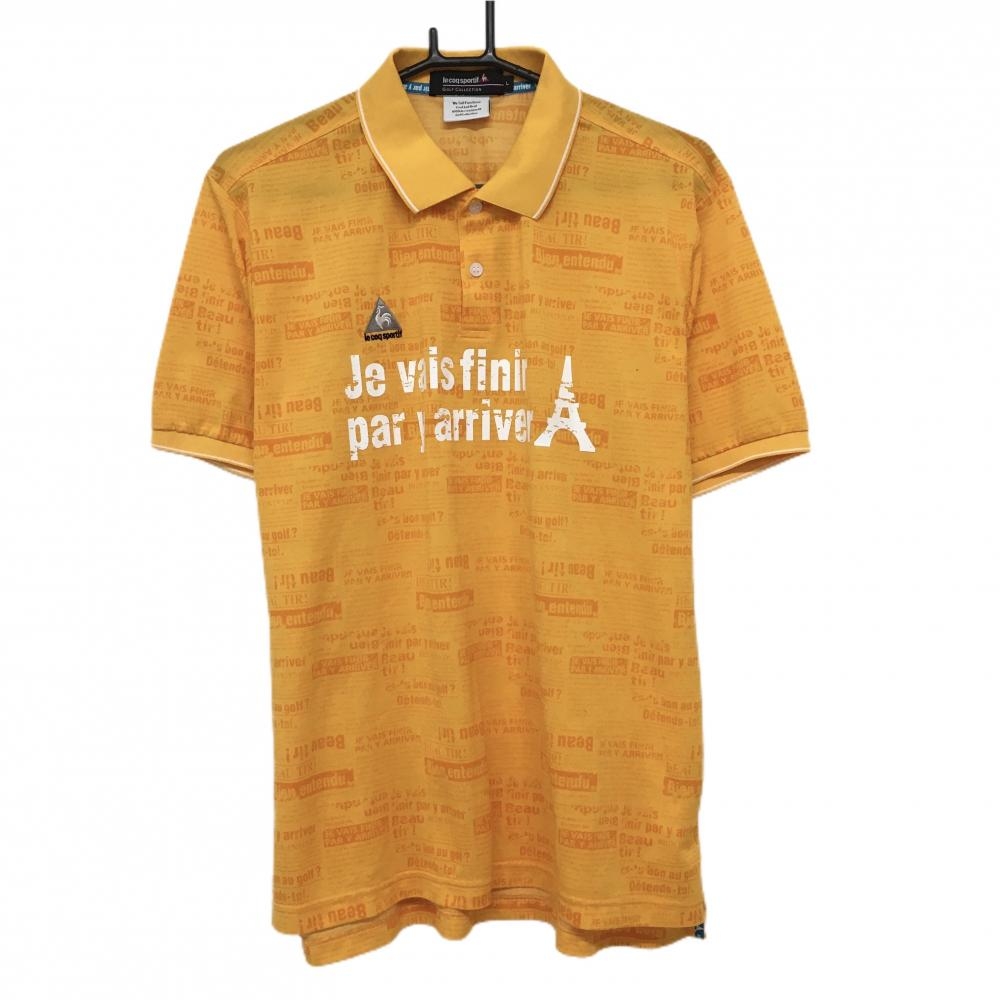 【美品】ルコック 半袖ポロシャツ オレンジ 英字総柄 かすれプリント メンズ L ゴルフウェア le coq sportif