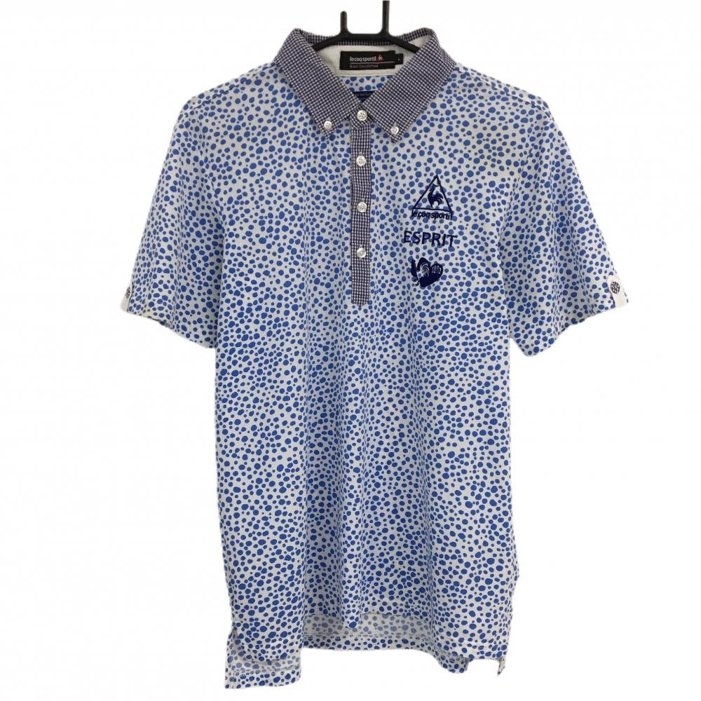 ルコックゴルフ 半袖ポロシャツ 白×ライトブルー ドット調 襟チェック メンズ L ゴルフウェア le coq sportif