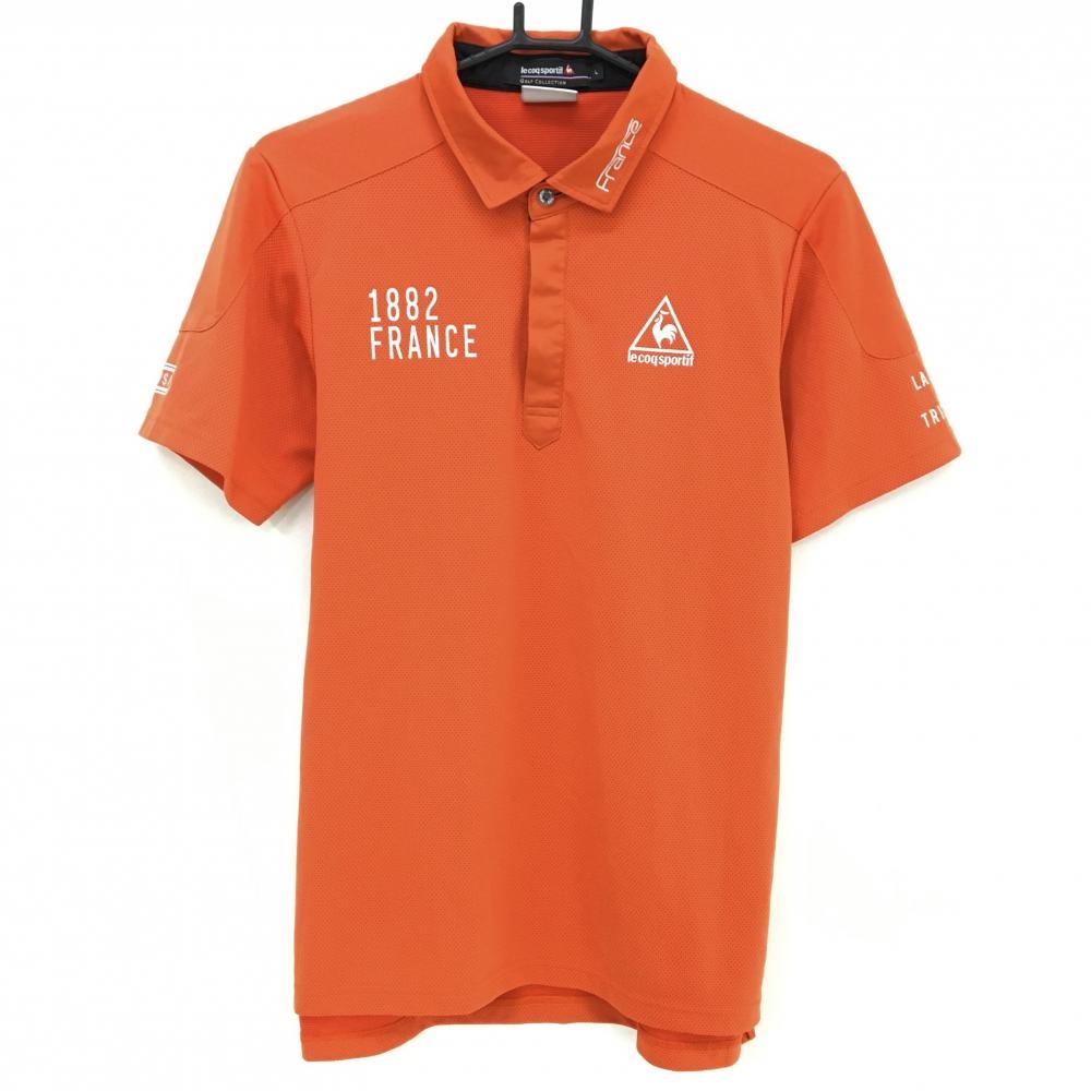 【超美品】ルコックゴルフ 半袖ポロシャツ オレンジ×ライトグレー ロゴプリント メンズ L ゴルフウェア le coq sportif