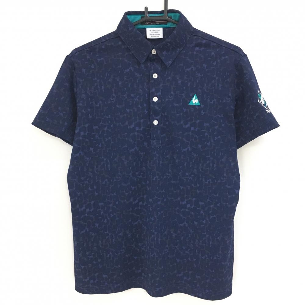 【超美品】ルコックゴルフ 半袖ポロシャツ ネイビー×ライトブルー 総柄  メンズ M ゴルフウェア le coq sportif