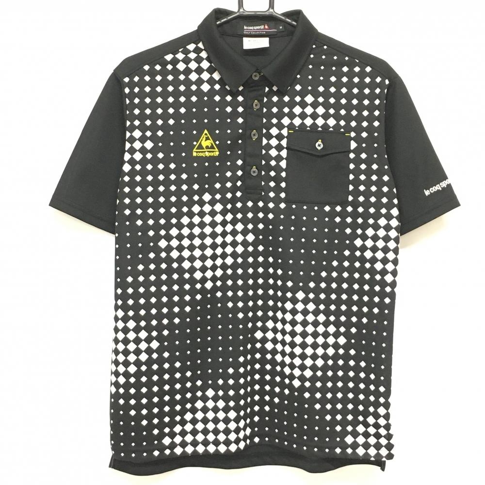 【超美品】ルコック 半袖ポロシャツ 黒×白 ブロックチェック調 メンズ M ゴルフウェア le coq sportif