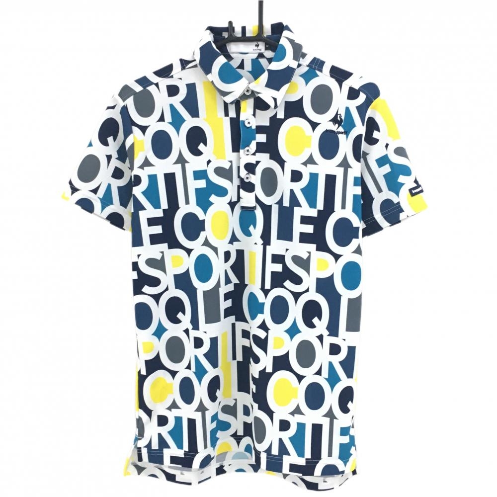 【超美品】ルコック 半袖ポロシャツ ネイビー×白 ロゴ総柄  メンズ M ゴルフウェア le coq sportif