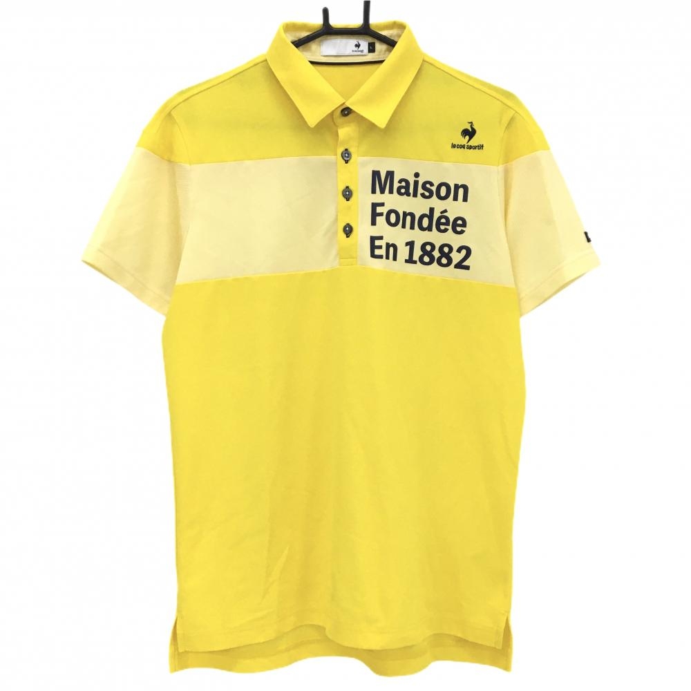 【超美品】ルコックゴルフ 半袖ポロシャツ イエロー×ネイビー ロゴ刺しゅう 切替 メンズ L ゴルフウェア le coq sportif