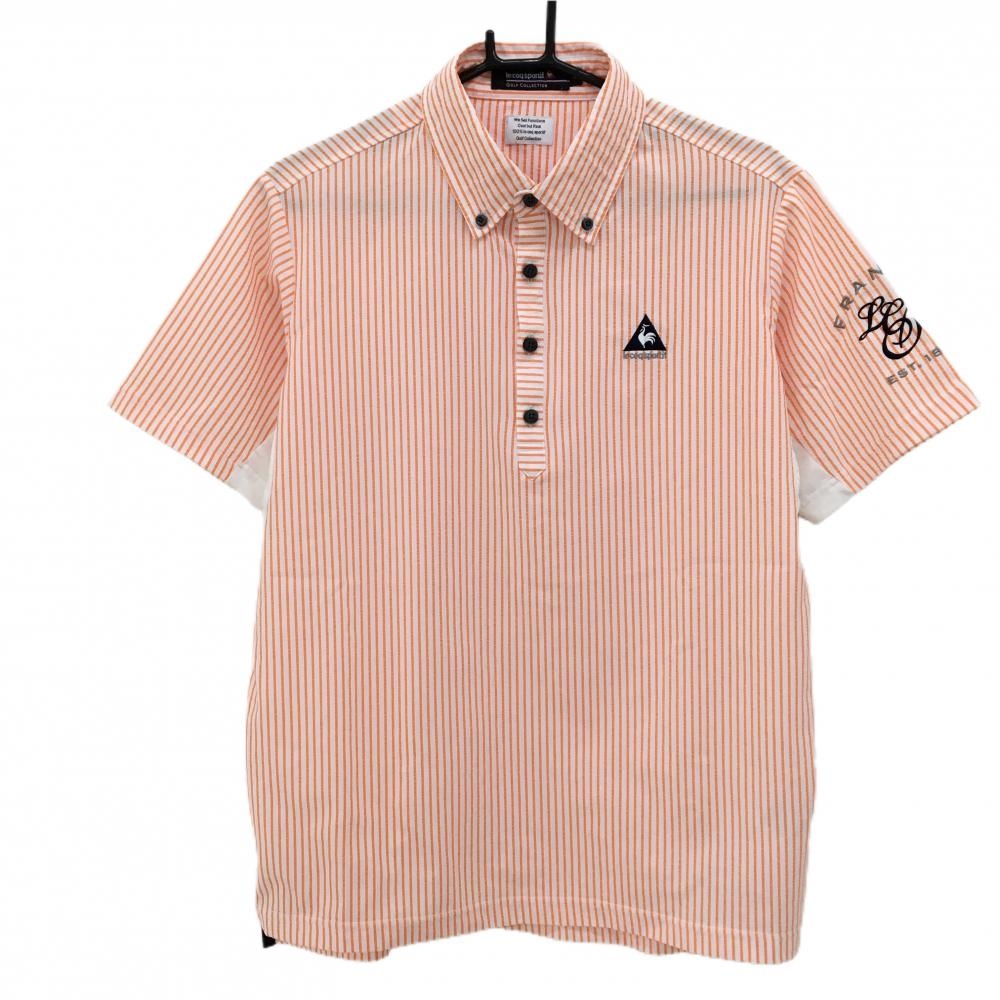 【超美品】ルコックゴルフ 半袖ポロシャツ 白×オレンジ ストライプ サッカー生地 ボタンダウン メンズ M ゴルフウェア le coq sportif