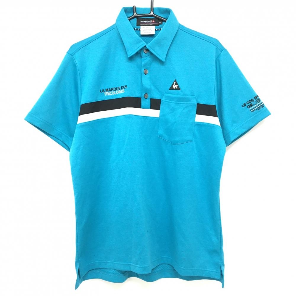 ルコックゴルフ 半袖ポロシャツ ブルー系×黒 胸ポケット メンズ LL ゴルフウェア le coq sportif
