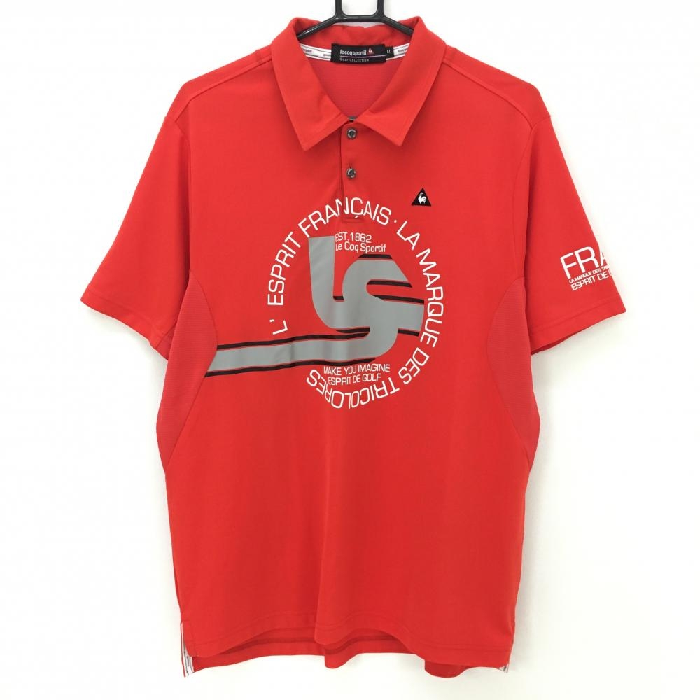 【超美品】ルコックゴルフ 半袖ポロシャツ レッド×白 ロゴ刺しゅう 袖下メッシュ メンズ LL ゴルフウェア le coq sportif