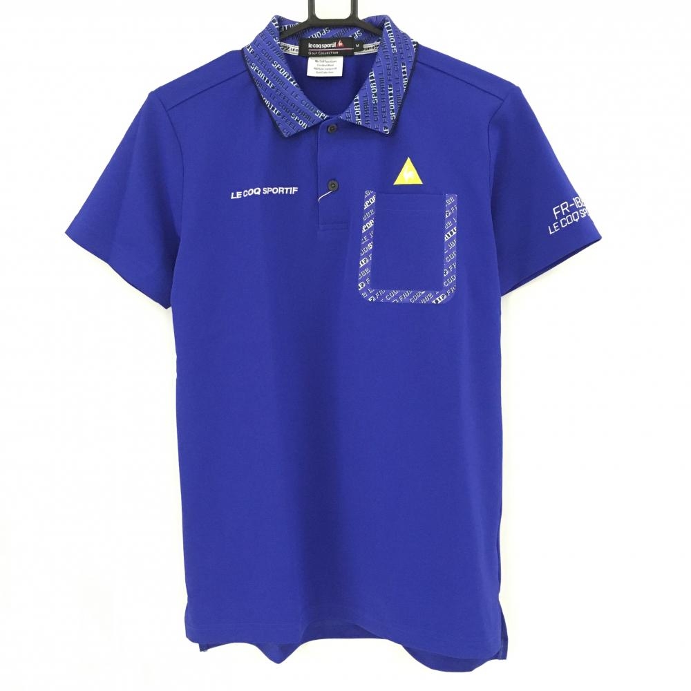 【新品】ルコックゴルフ 半袖ポロシャツ パープルネイビー 襟総柄 胸ポケット メンズ M ゴルフウェア le coq sportif