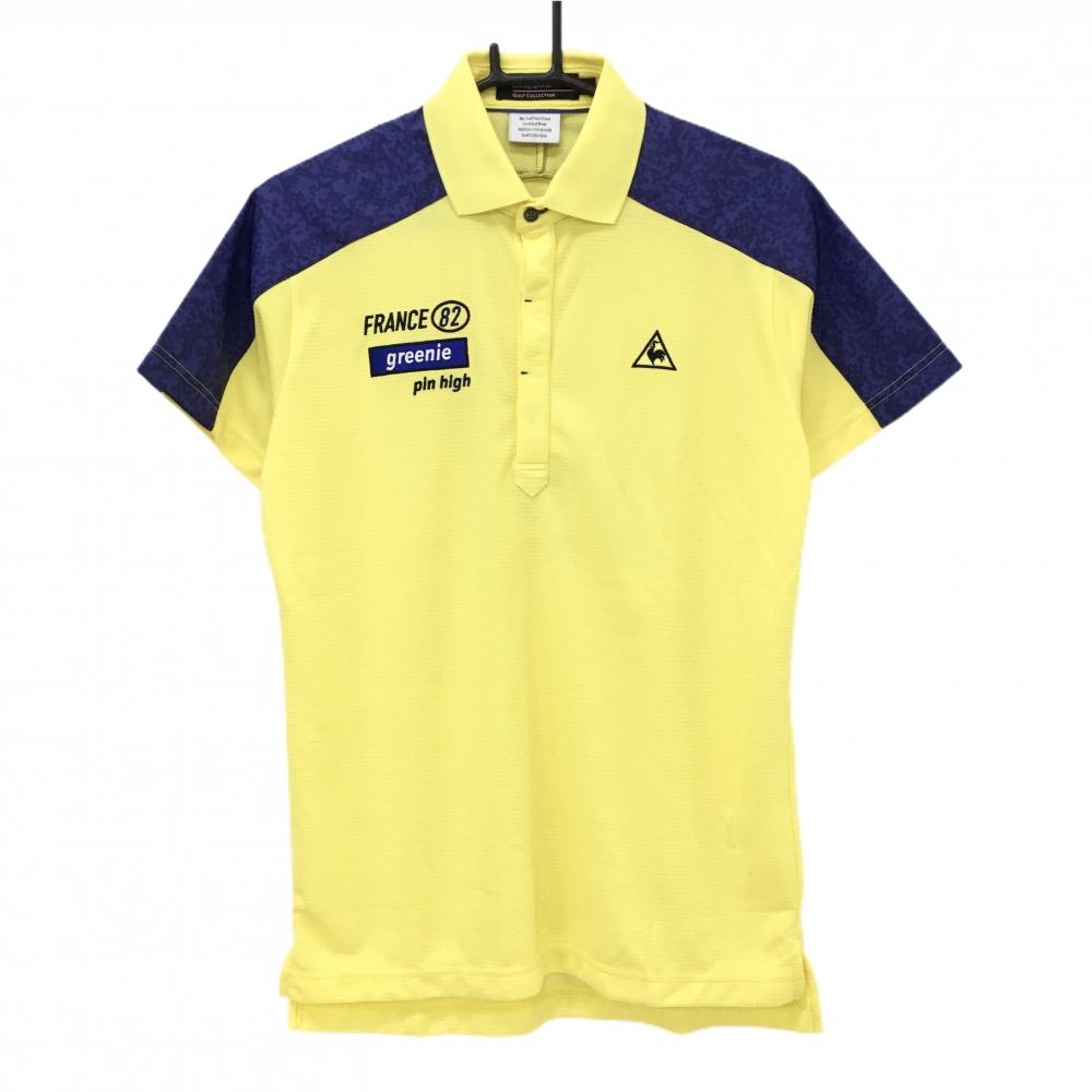 【新品】ルコックゴルフ 半袖ポロシャツ イエロー×ネイビー 肩切替総柄 はっ水 メンズ M ゴルフウェア le coq sportif