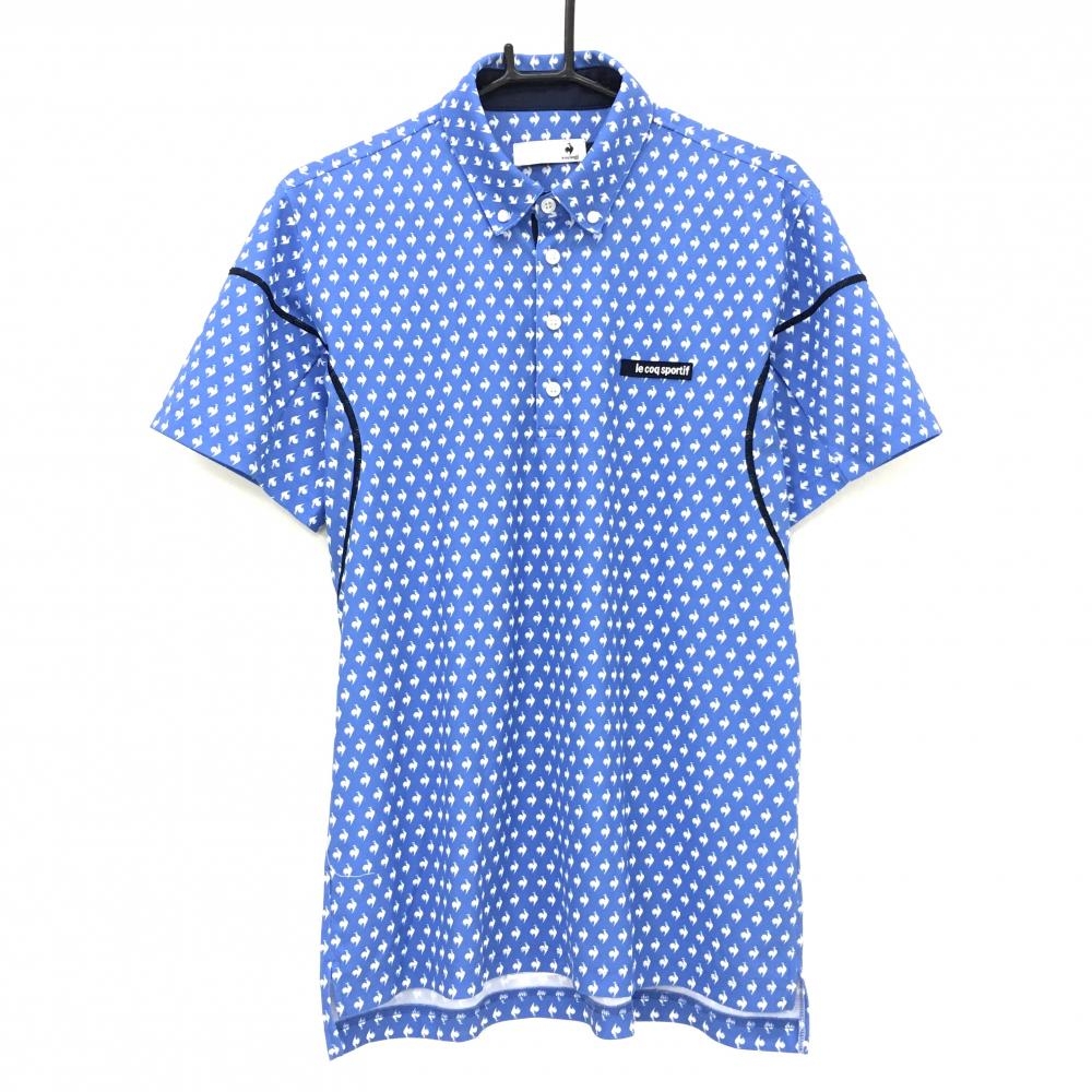ルコックゴルフ 半袖ポロシャツ ライトブルー×白 ロゴ総柄 ボタンダウン メンズ L ゴルフウェア le coq sportif