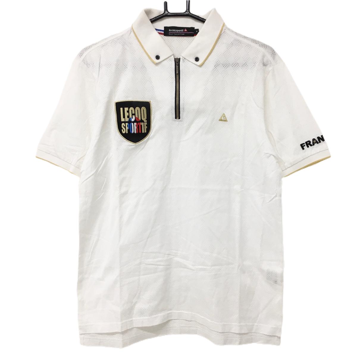 ルコックゴルフ 半袖ポロシャツ 白 ハーフジップ ボタンダウン 斜めブロックチェック地模様 メンズ M ゴルフウェア le coq sportif