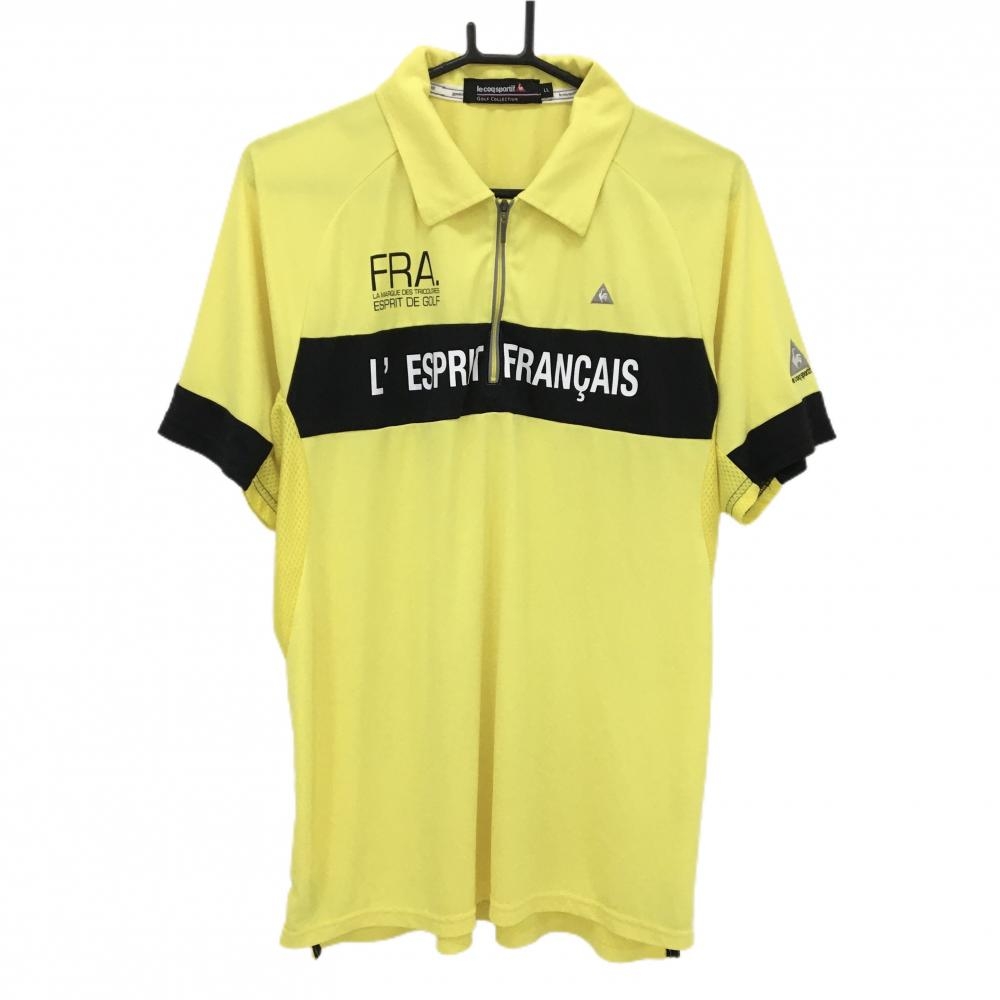 ルコックゴルフ 半袖ポロシャツ イエロー×黒 フロントプリント サイドメッシュ ハーフジップ メンズ LL ゴルフウェア le coq sportif