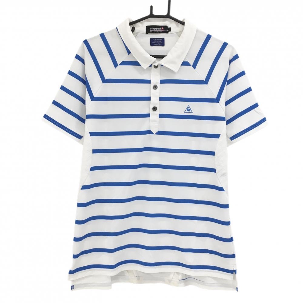 ルコックゴルフ 半袖ポロシャツ 白×ブルー ボーダー柄 袖下メッシュ ロゴ刺しゅう  メンズ L ゴルフウェア le coq sportif