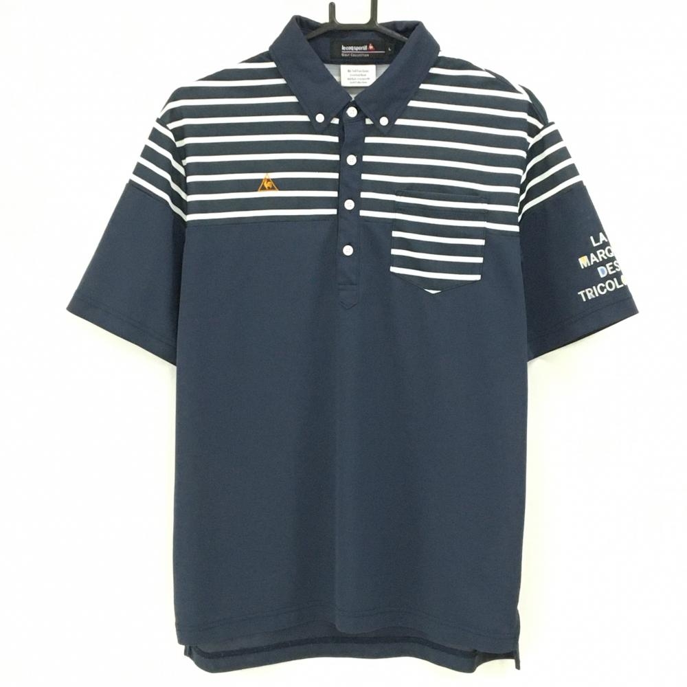 ルコックゴルフ 半袖ポロシャツ ネイビー×白 上部ボーダー ボタンダウン  メンズ L ゴルフウェア le coq sportif
