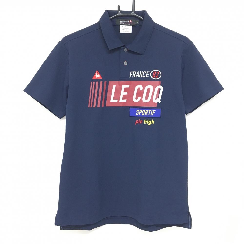 【超美品】ルコックゴルフ 半袖ポロシャツ ネイビー×レッド ビッグプリント メンズ L ゴルフウェア le coq sportif