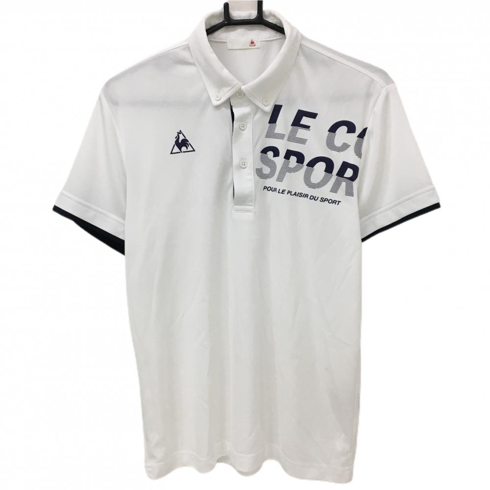 ルコック 半袖ポロシャツ 白×ネイビー ロゴプリント ボタンダウン メンズ M ゴルフウェア le coq sportif