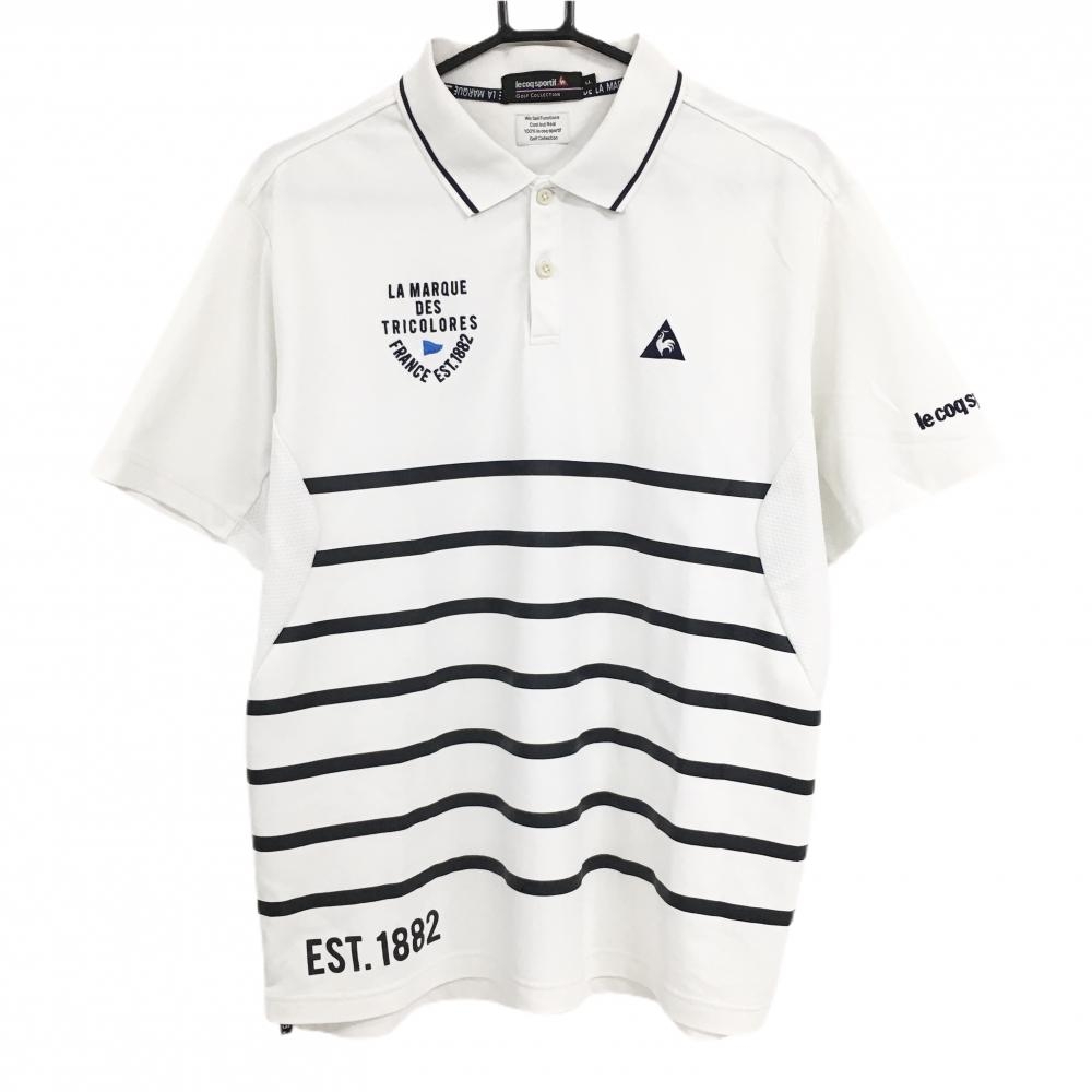 【超美品】ルコックゴルフ 半袖ポロシャツ 白×黒 前身頃ボーダー 袖下メッシュ メンズ LL ゴルフウェア le coq sportif