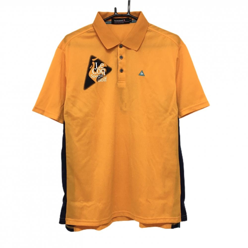 【新品】ルコックゴルフ 半袖ポロシャツ オレンジ×ネイビー×白 胸ロゴプリント メンズ LL ゴルフウェア le coq sportif