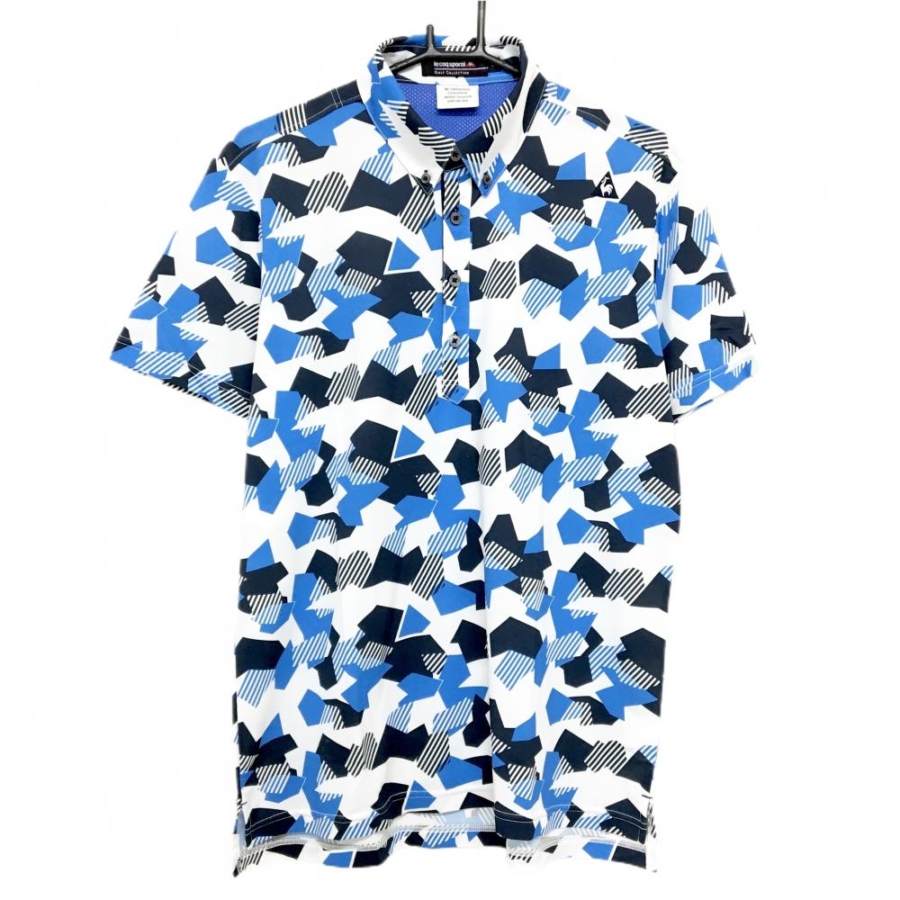 【美品】ルコックゴルフ 半袖ポロシャツ 白×ブルー 総柄 ボタンダウン  メンズ LL ゴルフウェア le coq sportif