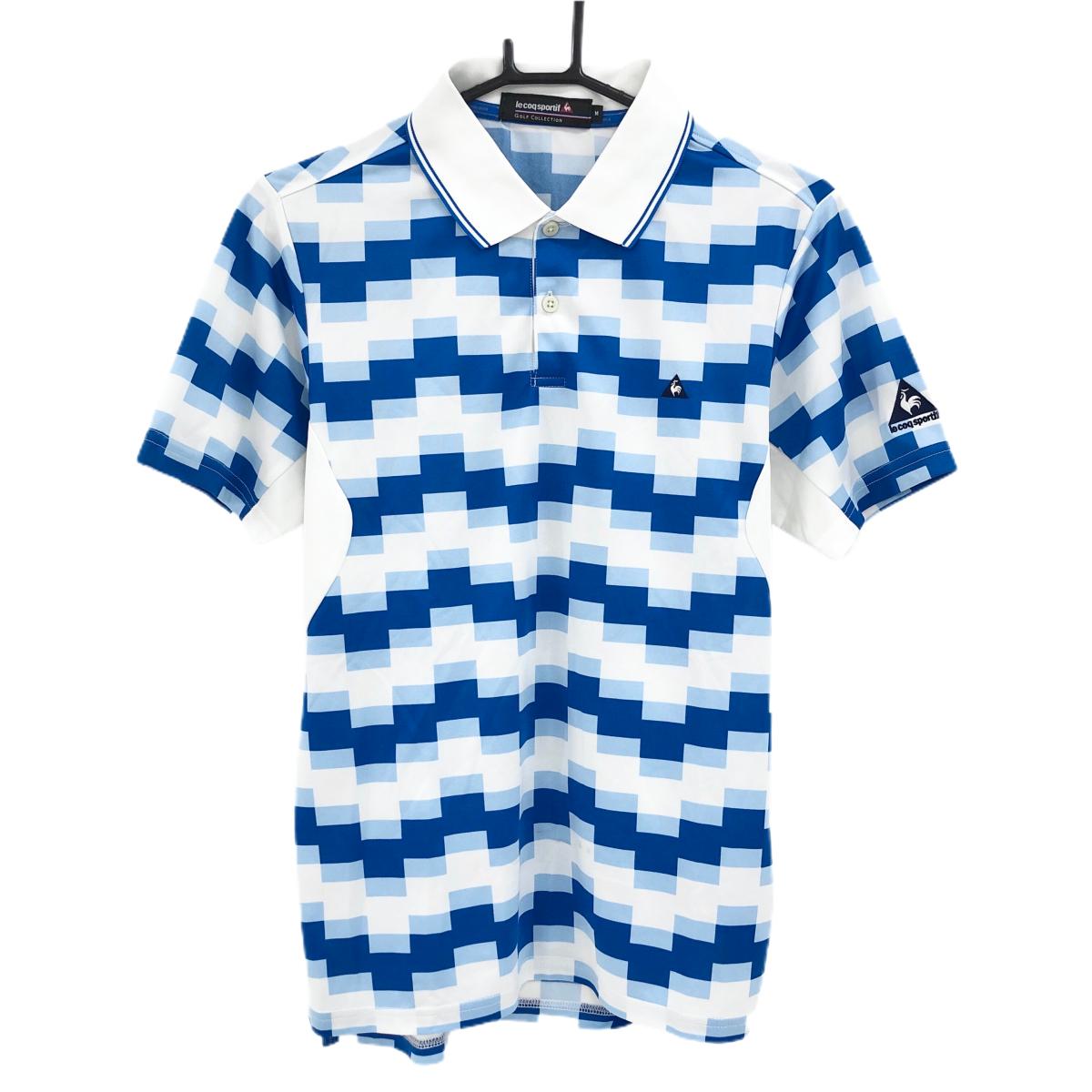 【美品】ルコックゴルフ 半袖ポロシャツ 白×ブルー スクエアボーダー ロゴ メンズ M ゴルフウェア le coq sportif