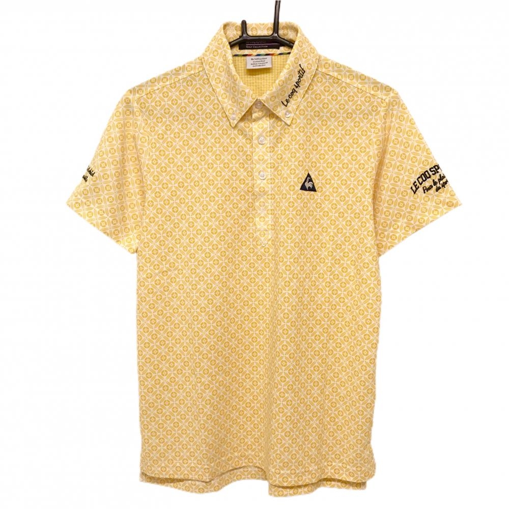 【超美品】ルコックゴルフ 半袖ポロシャツ 白×イエロー 総柄 ロゴ刺しゅう ボタンダウン メンズ M ゴルフウェア le coq sportif