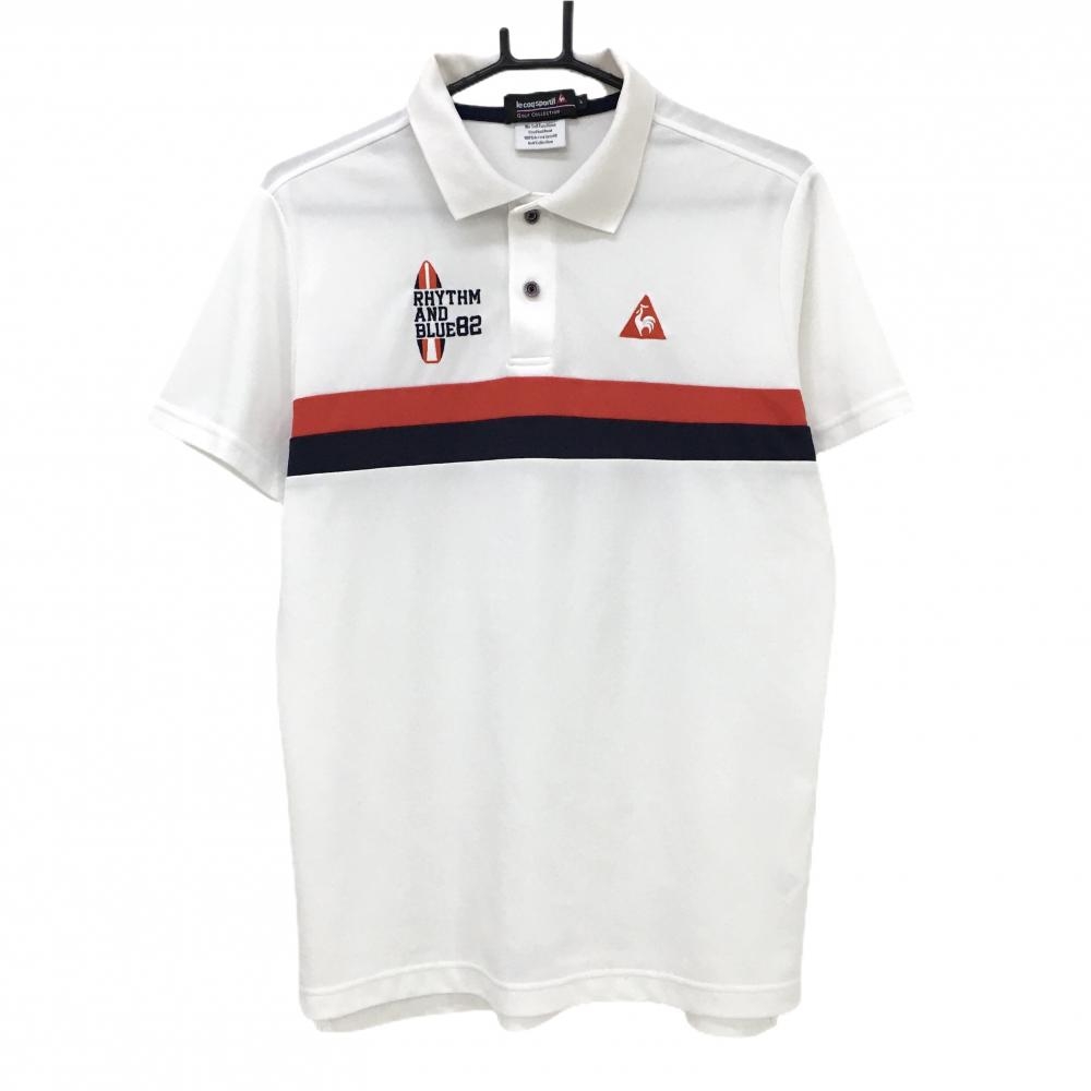 【超美品】ルコックゴルフ 半袖ポロシャツ 白×レッド×ネイビー ロゴ刺しゅう メンズ L ゴルフウェア le coq sportif