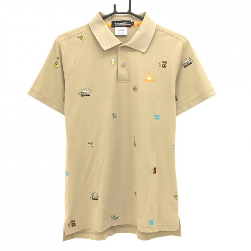 【超美品】ルコックゴルフ 半袖ポロシャツ ベージュ 刺しゅう総柄 ギター メンズ Ｌ ゴルフウェア le coq sportif