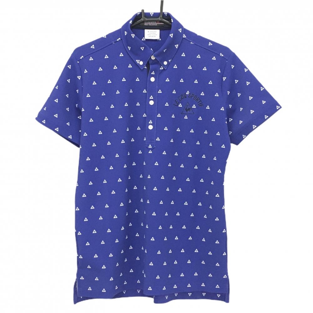 【超美品】ルコックゴルフ 半袖ポロシャツ ブルー×白 ロゴ総柄 ボタンダウン メンズ M ゴルフウェア le coq sportif