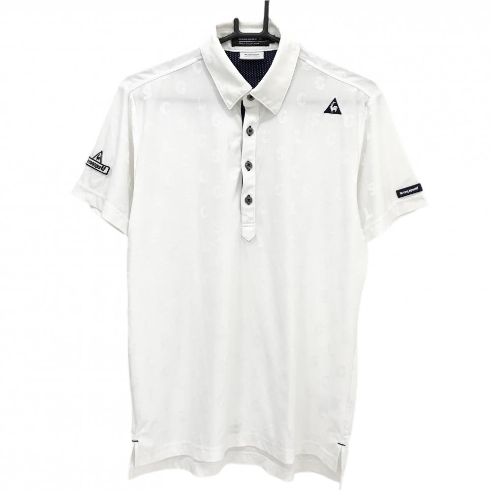 ルコックゴルフ 半袖ポロシャツ 白 英字総柄地模様 メンズ L ゴルフウェア le coq sportif