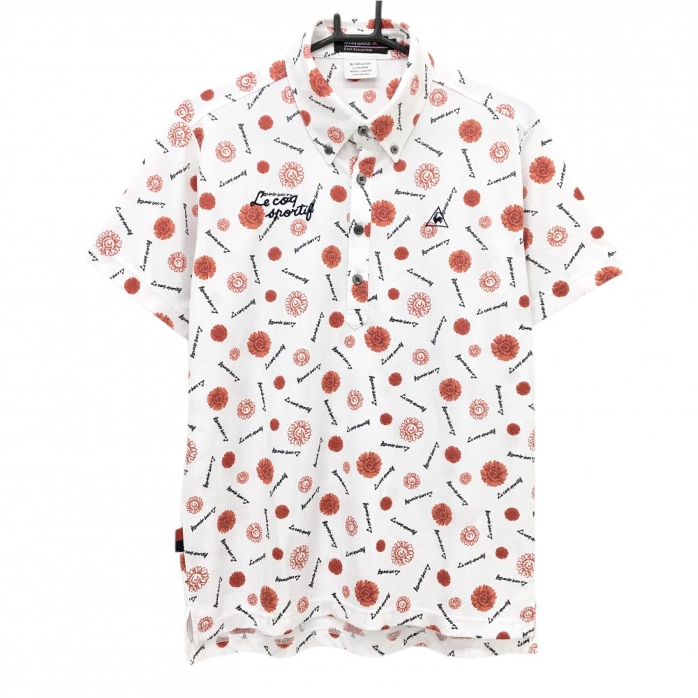 ルコックゴルフ 半袖ポロシャツ 白×レッド 花柄 ロゴ英字 メンズ L ゴルフウェア le coq sportif