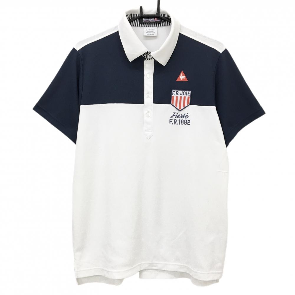ルコックゴルフ 半袖ポロシャツ 白×ネイビー 切替 ネックストライプ  メンズ LL ゴルフウェア le coq sportif