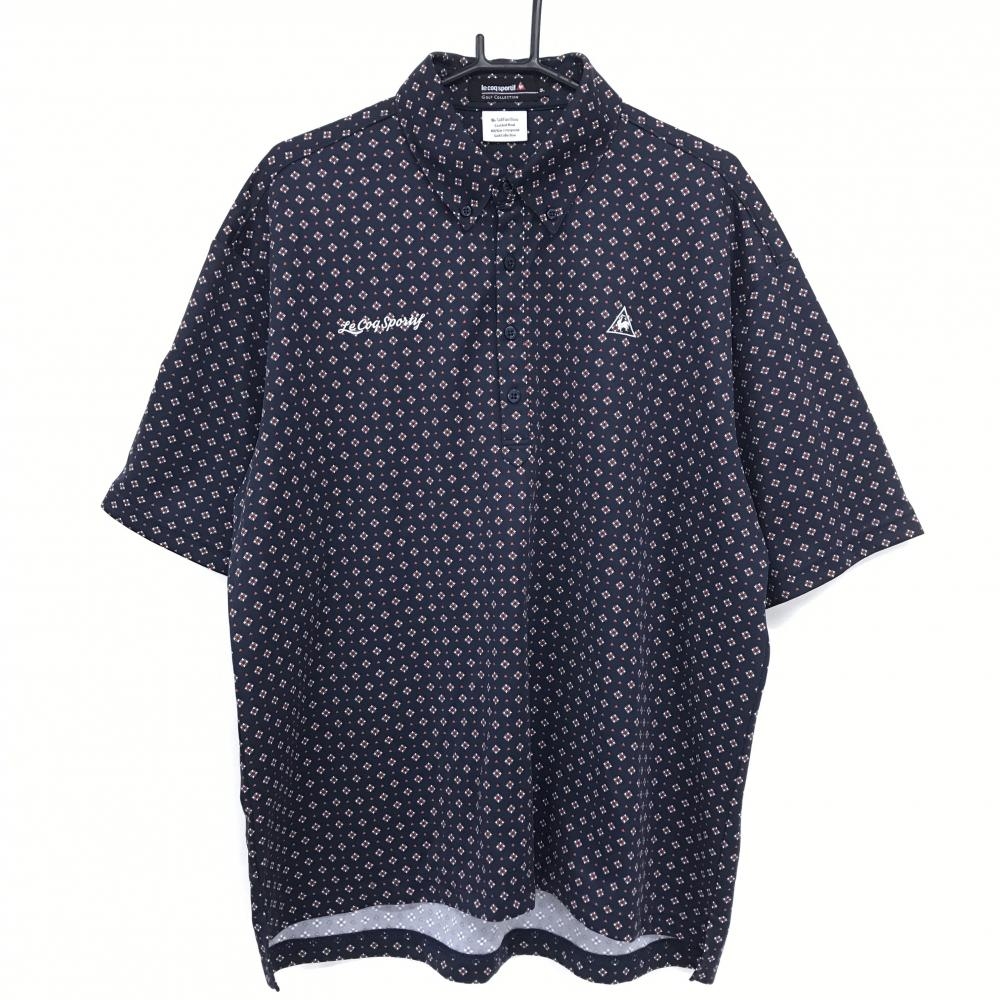 【美品】ルコックゴルフ 半袖ポロシャツ ネイビー×レッド 総柄 ボタンダウン メンズ 3L ゴルフウェア 大きいサイズ le coq sportif