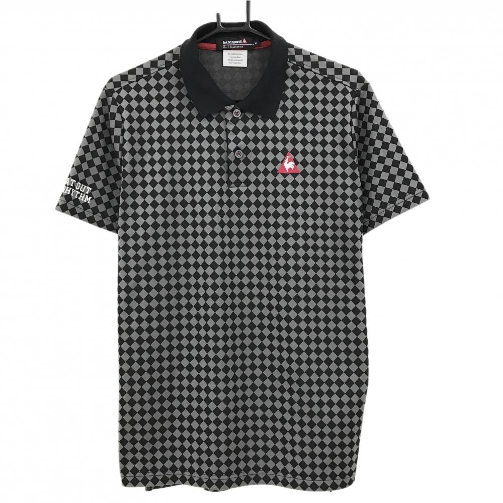 【美品】ルコックゴルフ 半袖ポロシャツ 黒×グレー ダイヤ柄 ロゴ刺しゅう メンズ LL ゴルフウェア le coq sportif