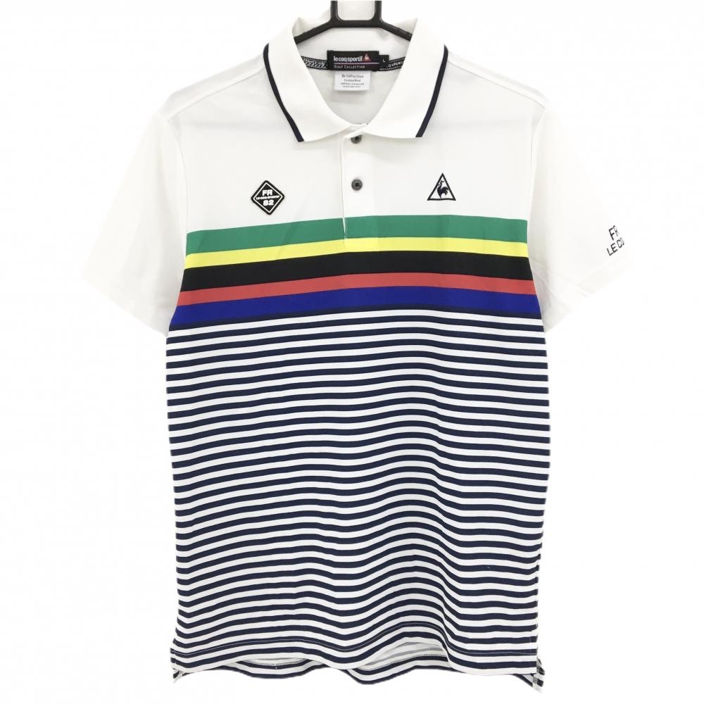 ルコックゴルフ 半袖ポロシャツ 白×ネイビー 一部ボーダー メンズ L ゴルフウェア le coq sportif