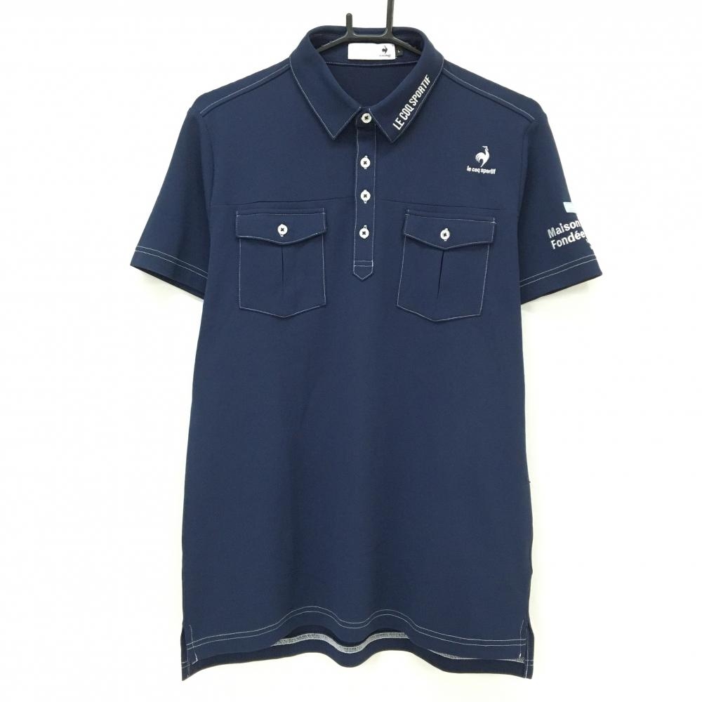 ルコックゴルフ 半袖ポロシャツ ネイビー×白 胸ポケット ステッチ メンズ L ゴルフウェア le coq sportif