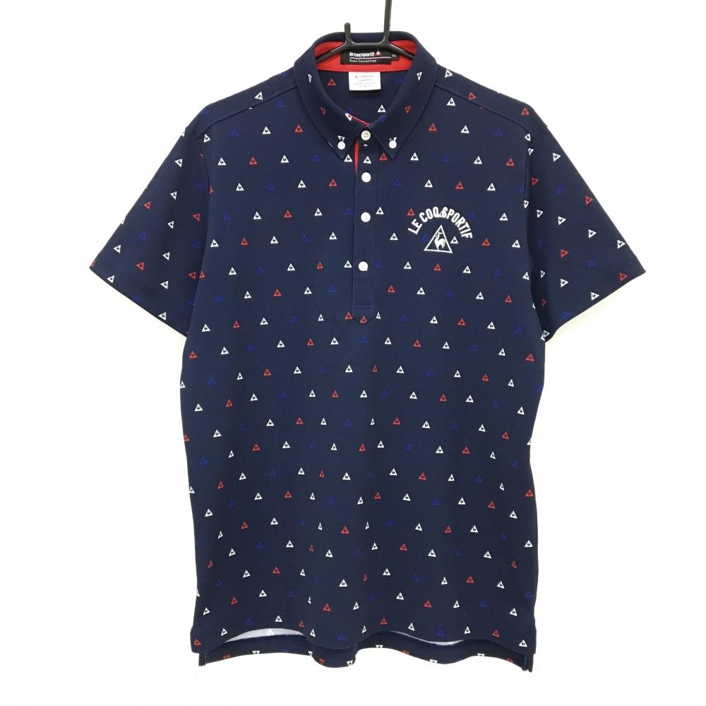 【美品】ルコックゴルフ 半袖ポロシャツ ネイビー×レッド×白 ロゴ総柄 ボタンダウン メンズ LL ゴルフウェア le coq sportif